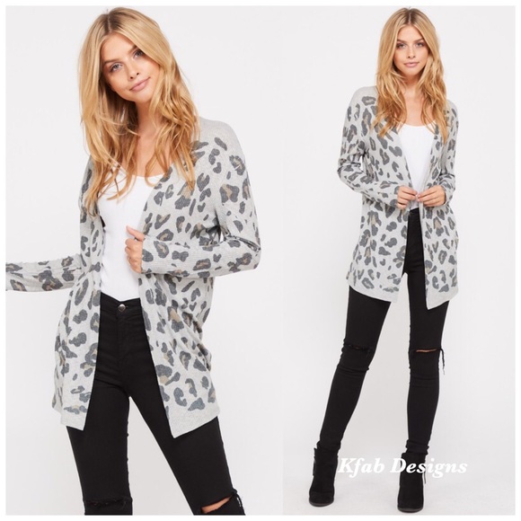 ❤️LAST 2! Grey Ribbed Knit Leopard Cardigan! - Picture 3 of 7
